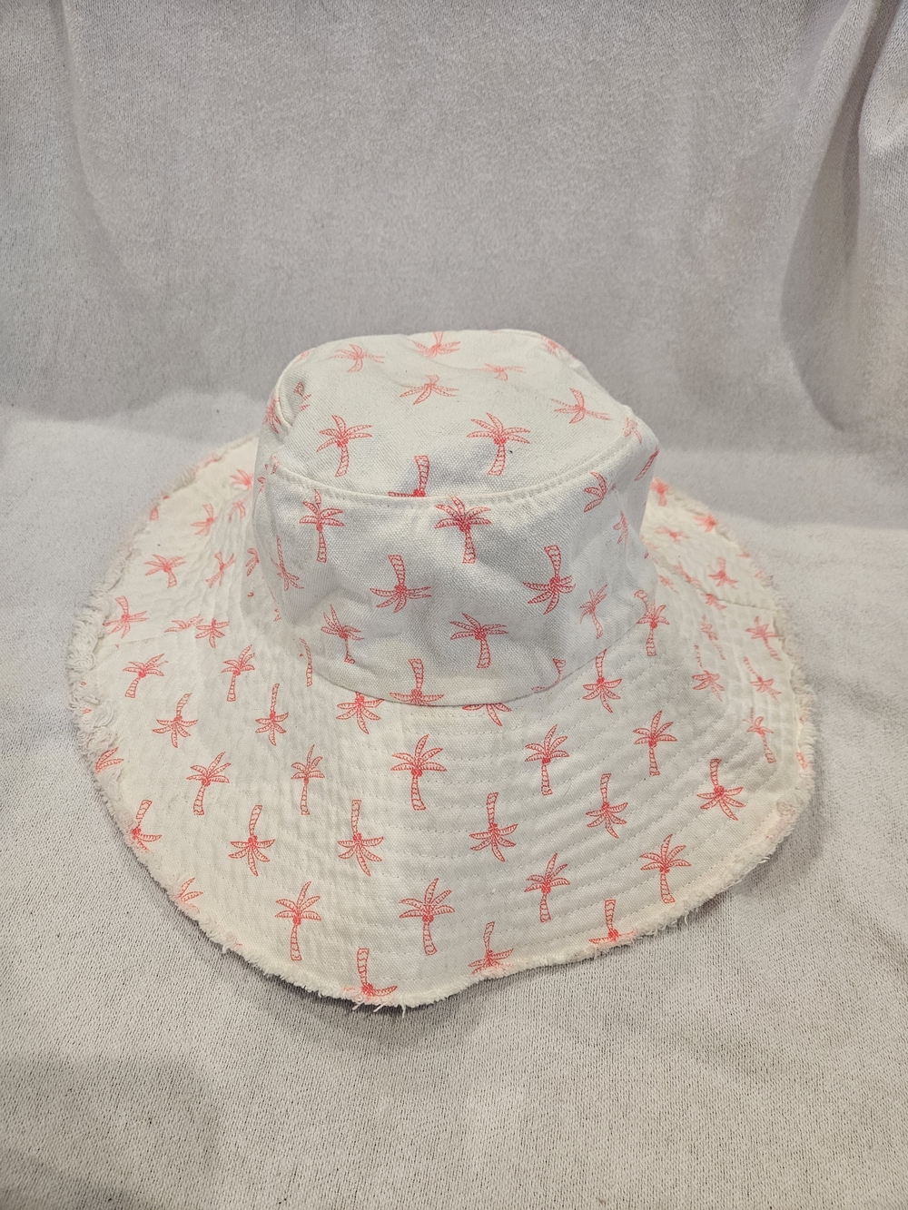 White Bucket Hat with Hot Pink Palm Tree Print Beach Hat 100% Cotton